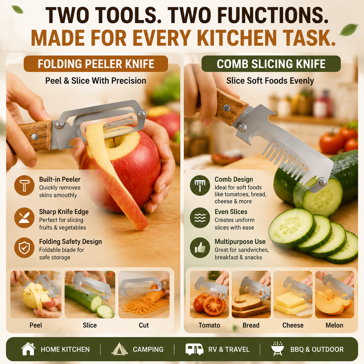 🔥LAST DAY 50% OFF -✨ 2-Piece Kitchen Knife Set – Premium Peeler Knife & Comb Slicing Knife with Wooden Handle